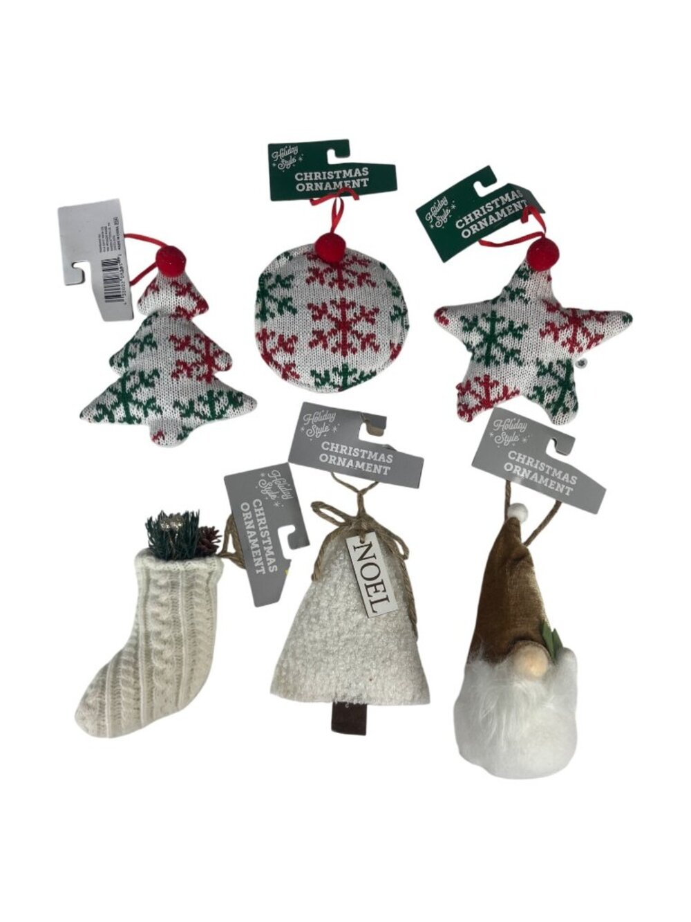 Holiday Style Set of 6 Christmas Ornaments Knit White Green Red New